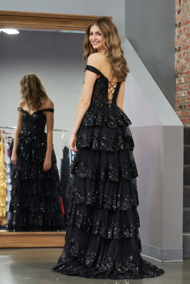 Black Princess A Line Off the Shoulder Corset Prom Dress with Lace Ruffles