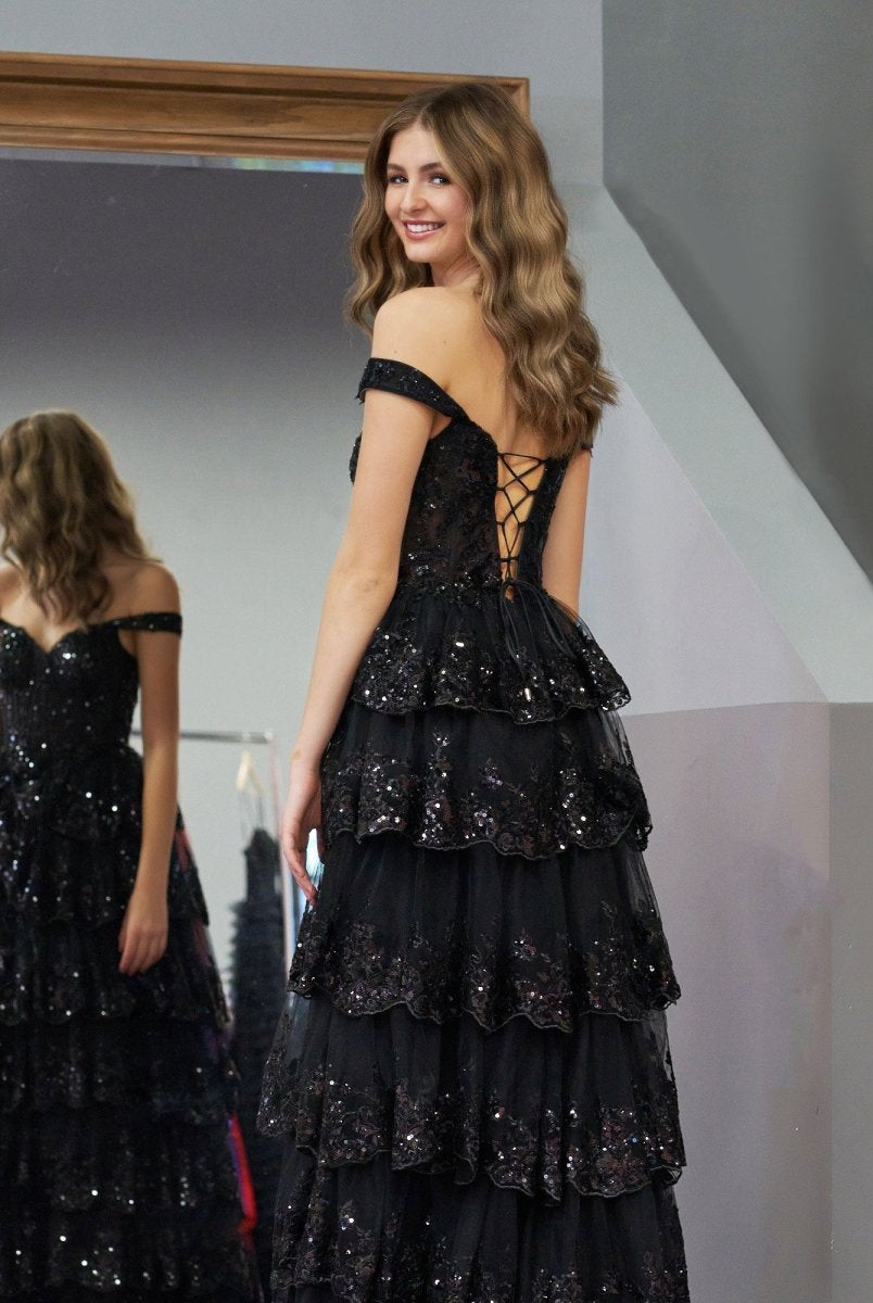 Black Princess A Line Off the Shoulder Corset Prom Dress with Lace Ruffles