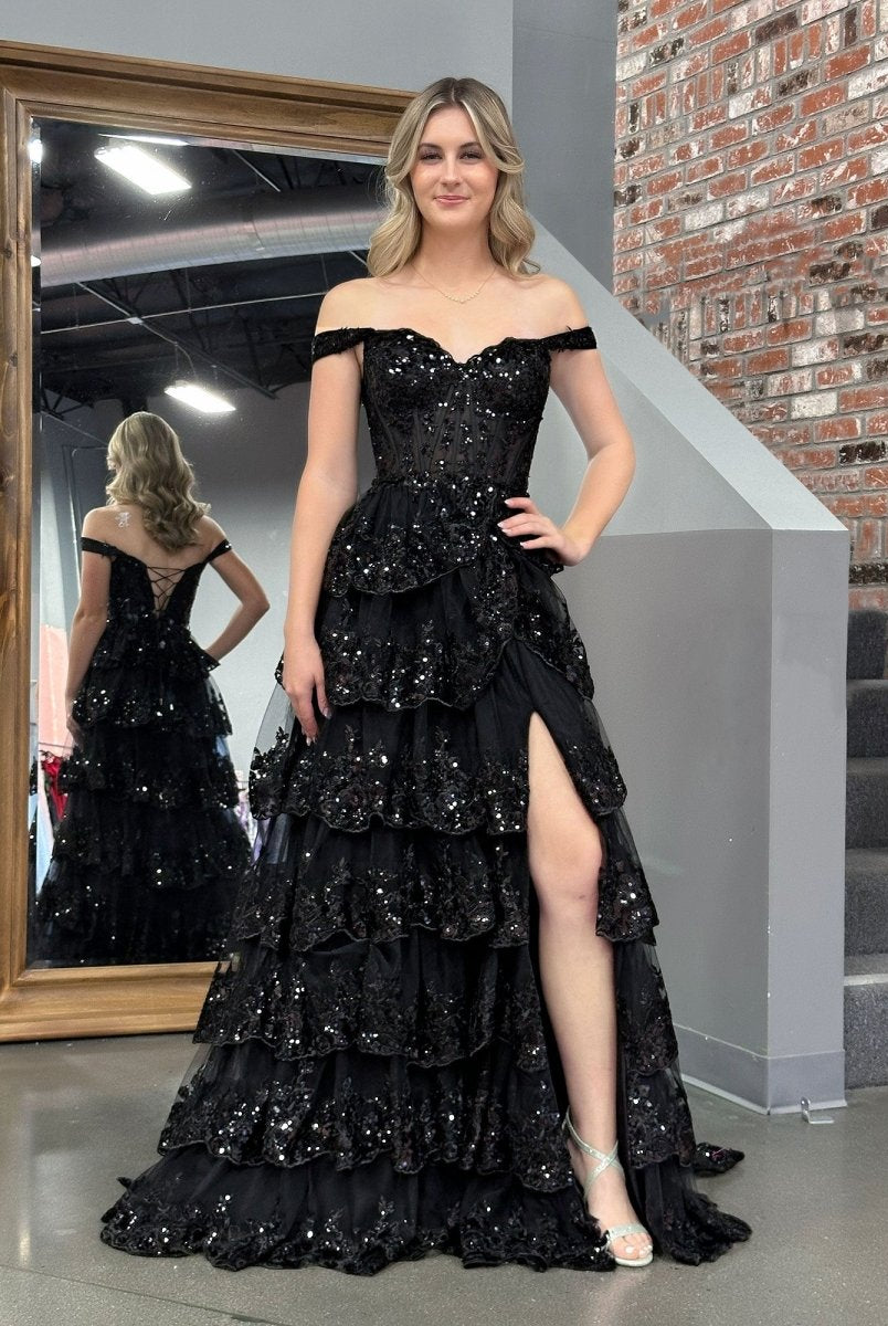 Black Princess A Line Off the Shoulder Corset Prom Dress with Lace Ruffles