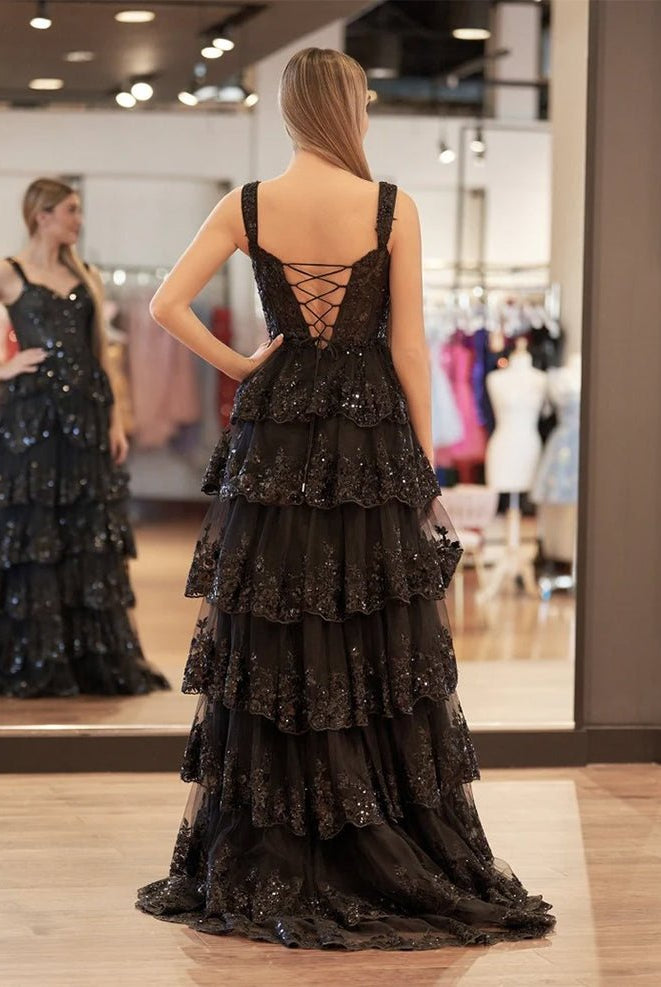 Black Princess A Line Off the Shoulder Corset Prom Dress with Lace Ruffles