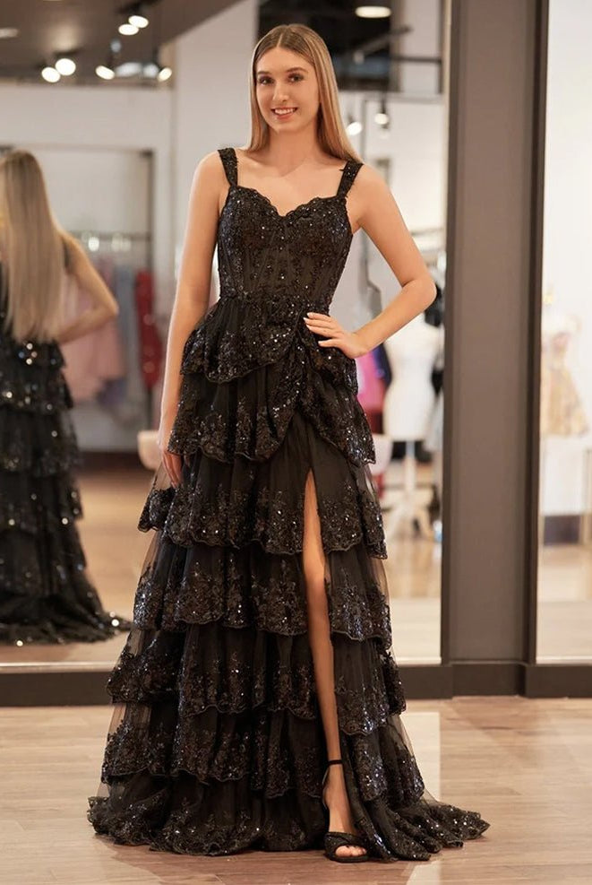 Black Princess A Line Off the Shoulder Corset Prom Dress with Lace Ruffles
