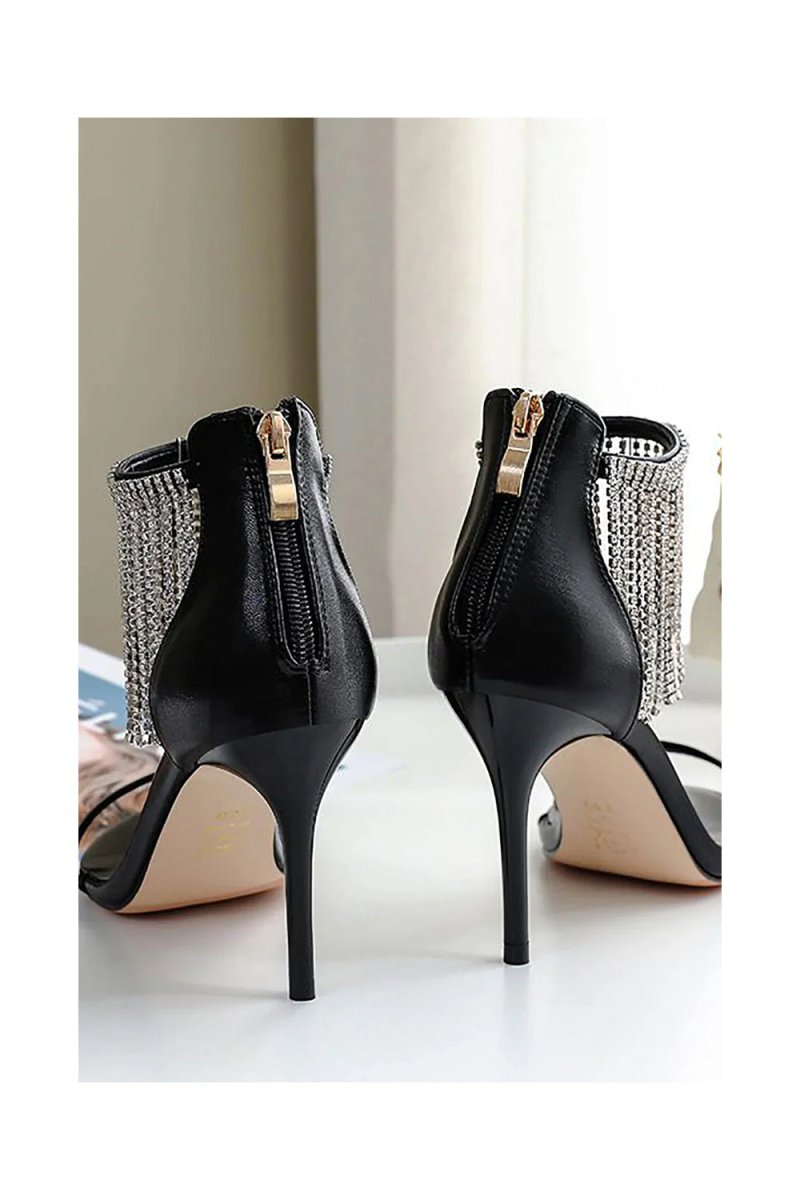 Black Rhinestone Thick High Heels - KissProm