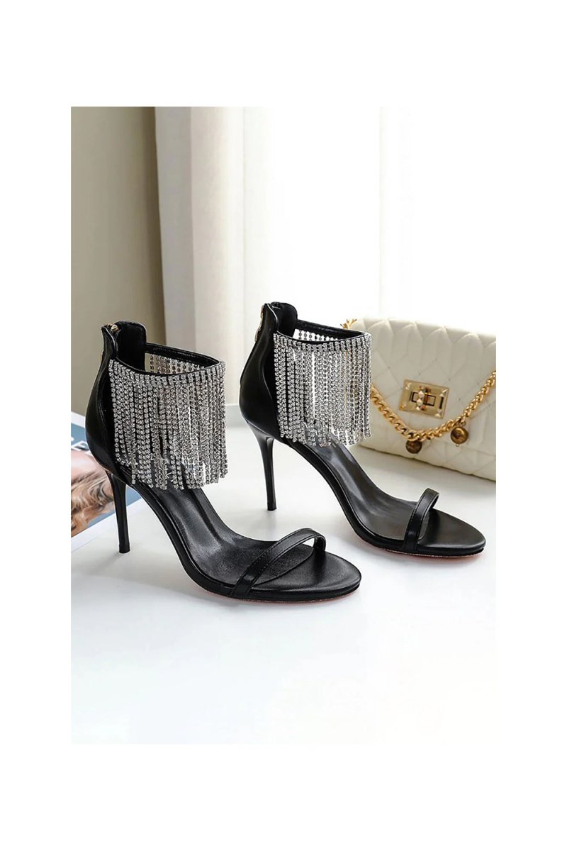 Black Rhinestone Thick High Heels - KissProm
