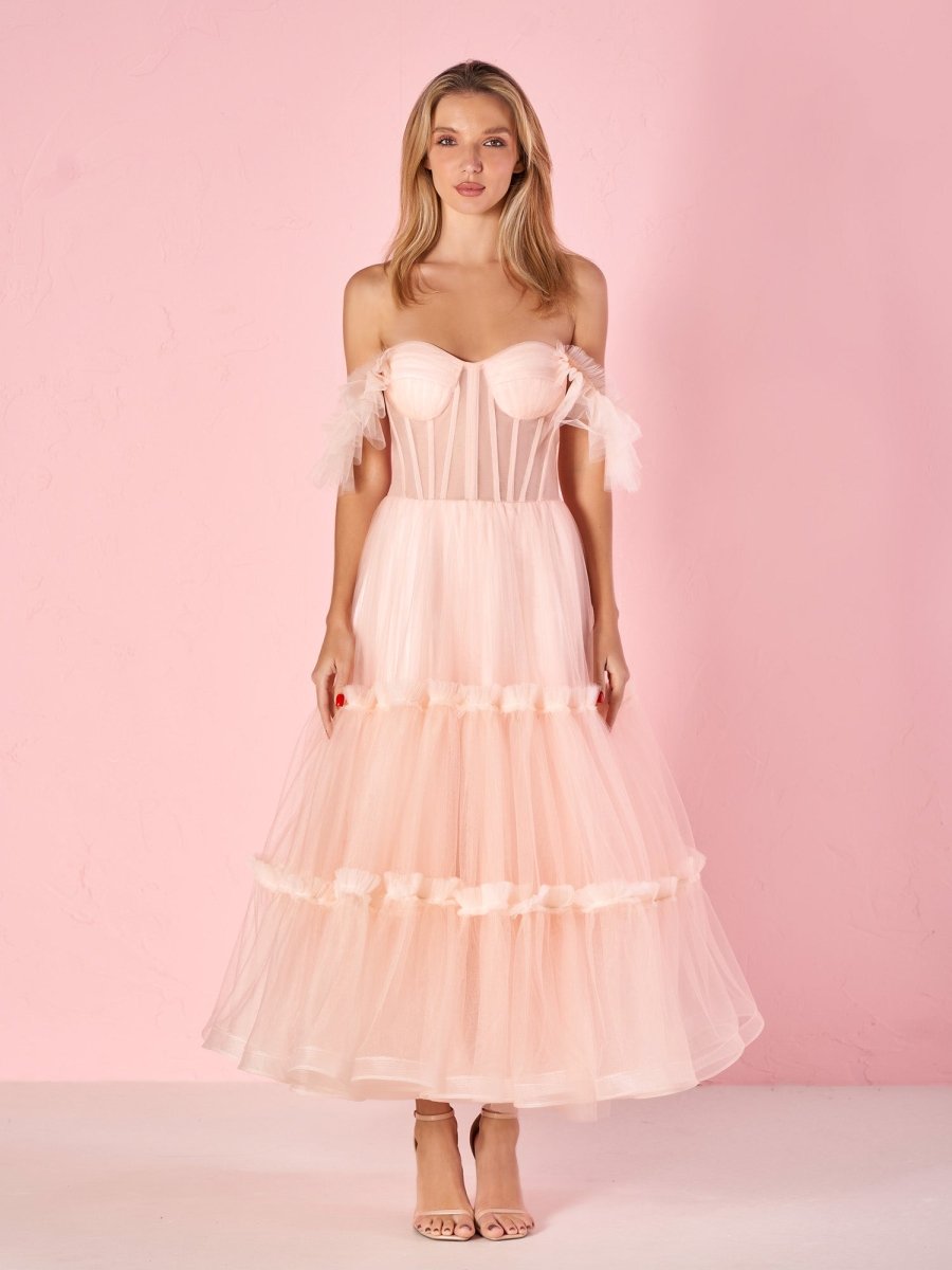 Black Ruffled Tulle Midi Dress Rose Pink / 4 Black Ruffled Tulle Midi Dress Rose Pink / 4
