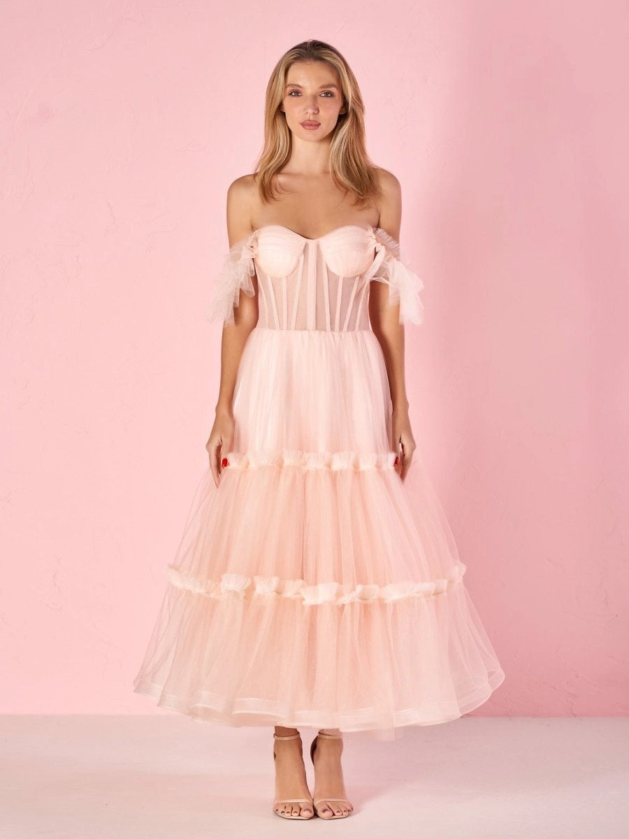 KissProm A-Line Corset Ruffled Tulle Prom Dress, Black / 8