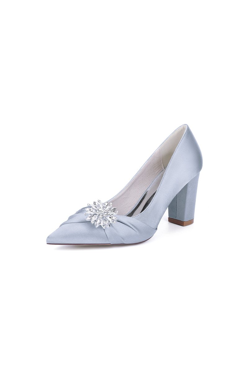 Black Satin High Heels with a Crystal Flower Accent - KissProm