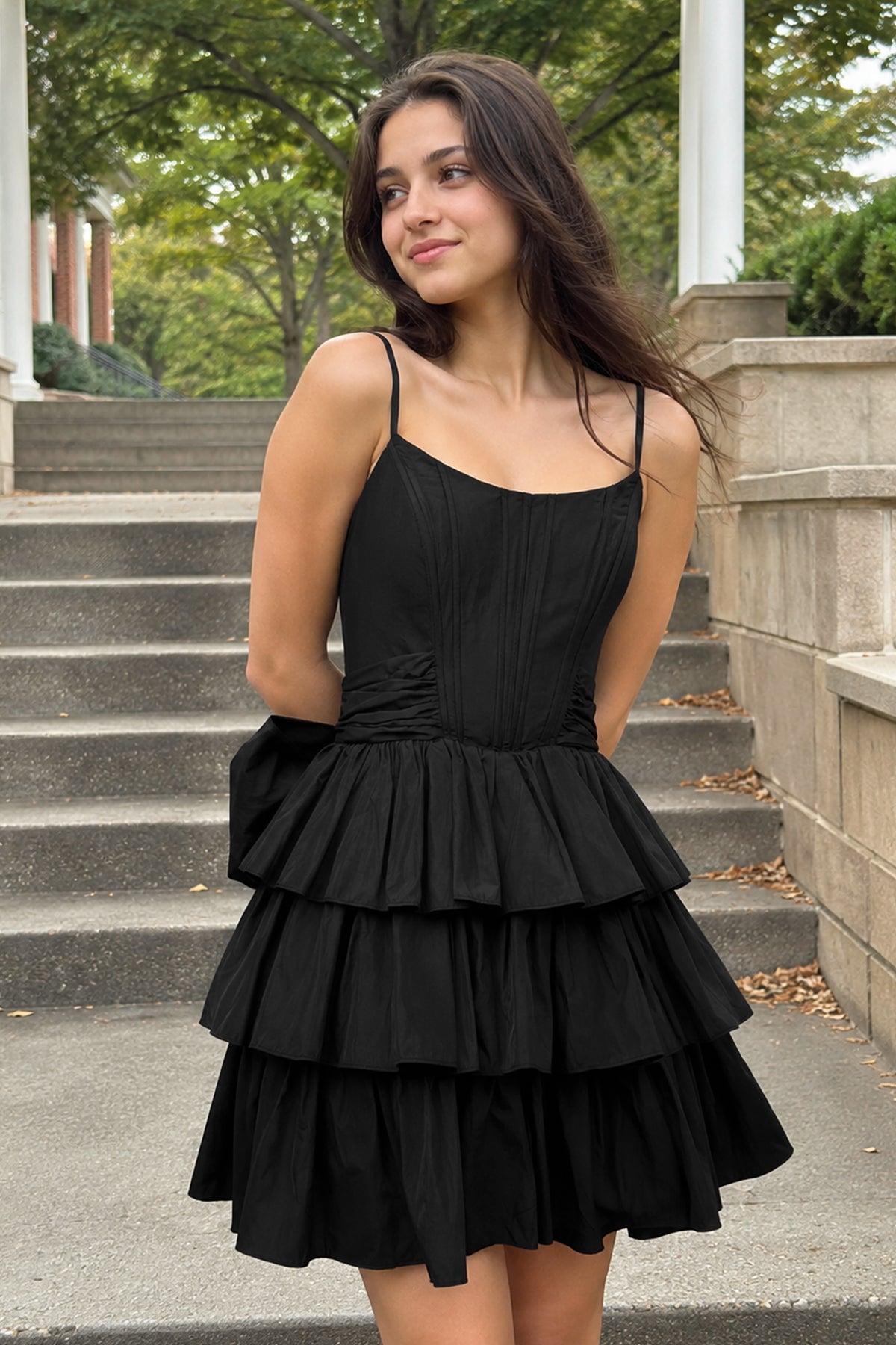 Black Spaghetti Straps Satin A-Line Ruffled Short Corset Homecoming Dr