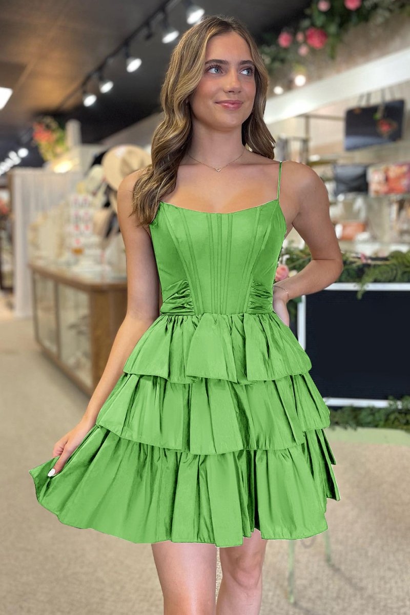 Ivilia | Black Spaghetti Straps Satin A-Line Ruffled Short Corset Homecoming Dress with Bow