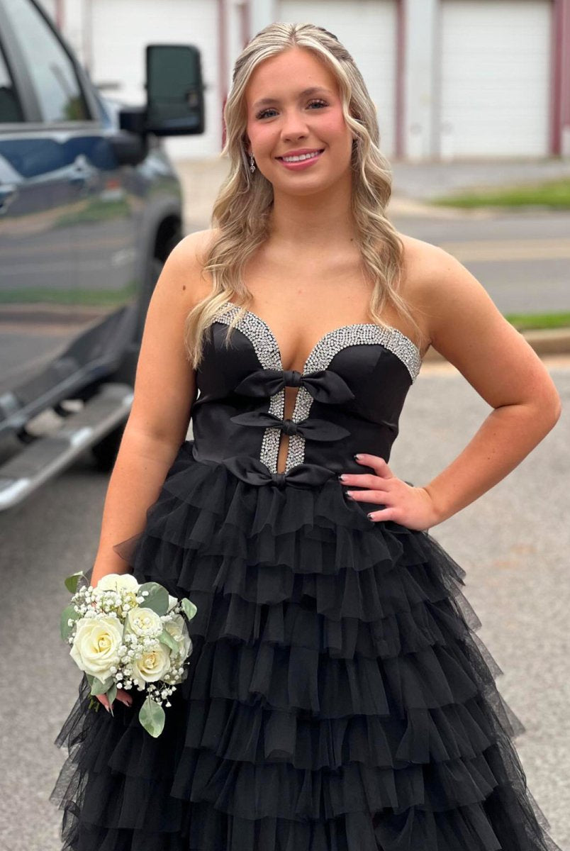 Peggy | Black Strapless Bow Ruffle Long Prom Dress with Slit