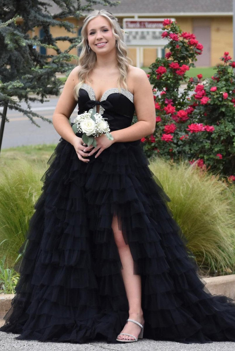 Peggy | Black Strapless Bow Ruffle Long Prom Dress with Slit