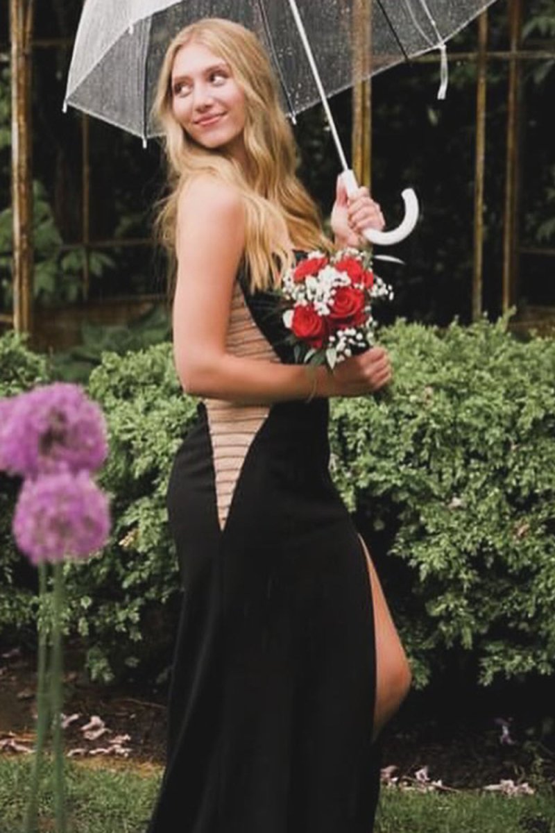 Beatrix | Black Strapless Mermaid Cut - out Long Corset Prom Dress with Slit - KissProm