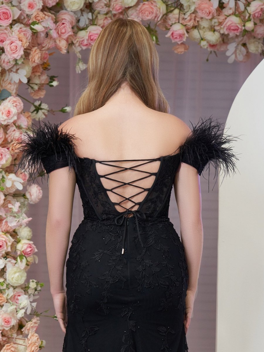 Elaina |Mermaid Deep V Neck Feather Lace Long Prom Dress