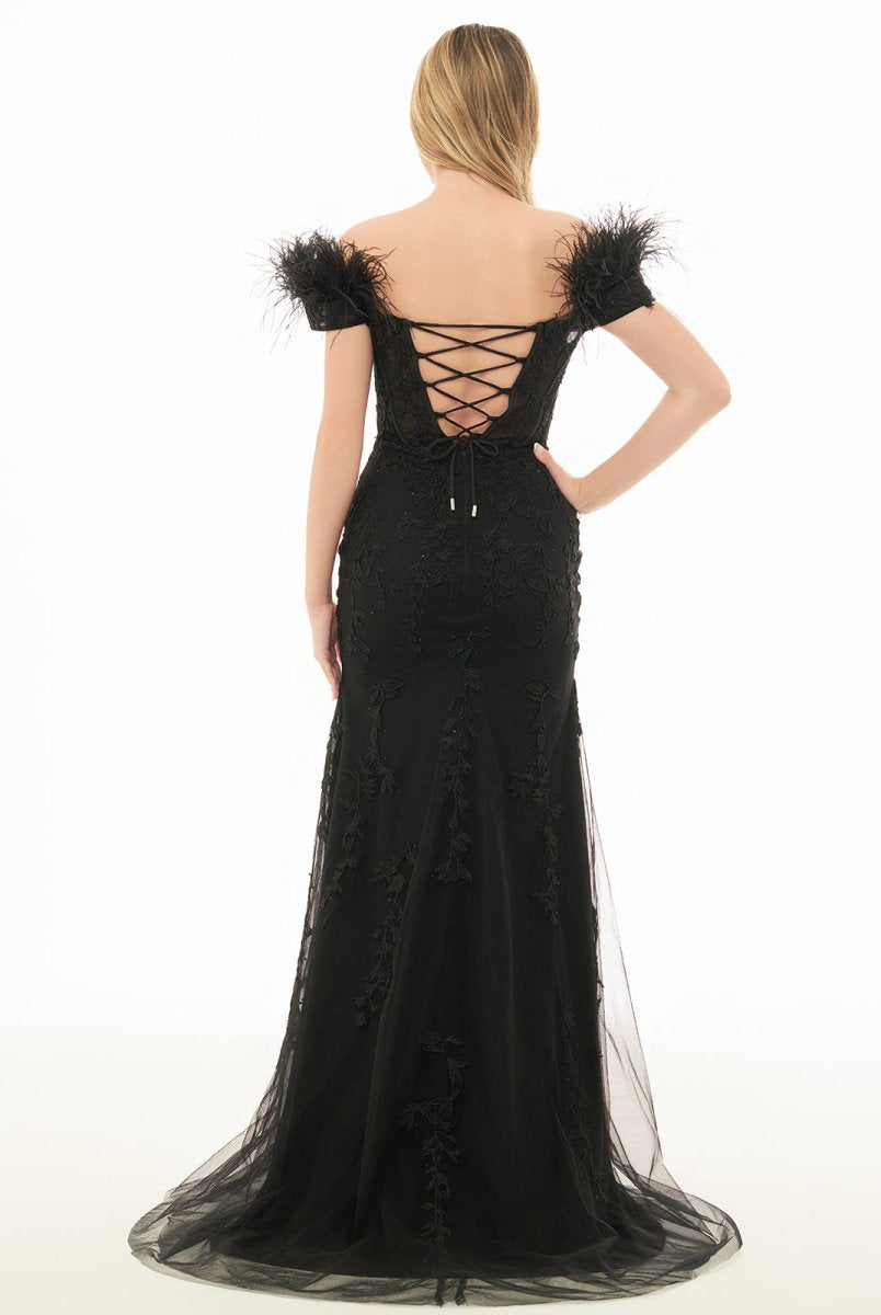 Elaina |Mermaid Deep V Neck Feather Lace Long Prom Dress