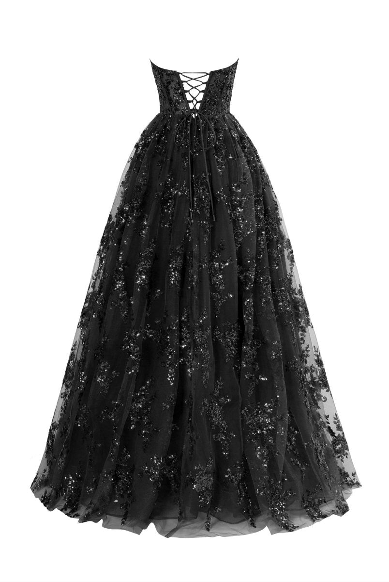 KissProm-Zara Black A Line Strapless Pleating Long Prom Dress With Applique