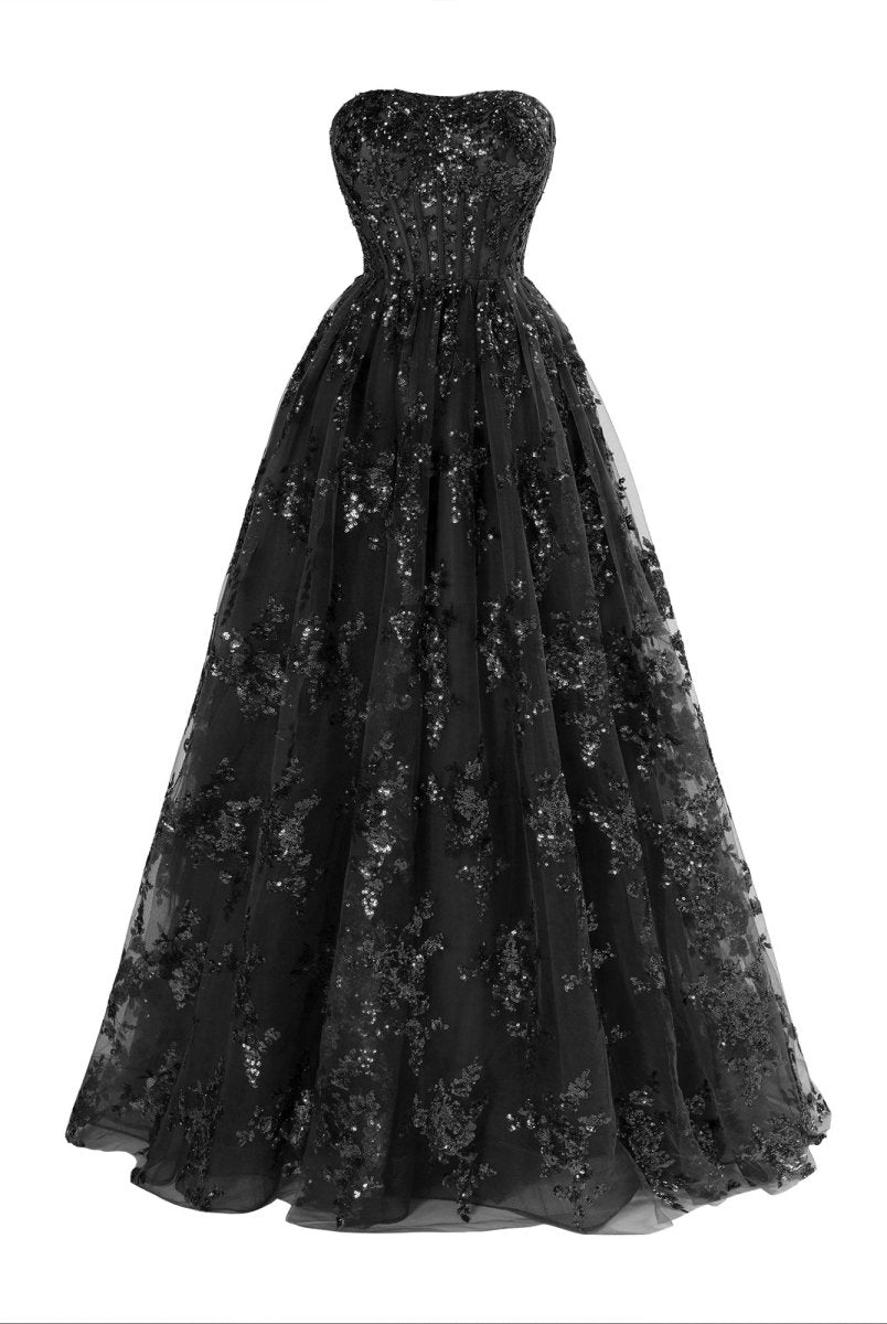 KissProm-Zara Black A Line Strapless Pleating Long Prom Dress With Applique