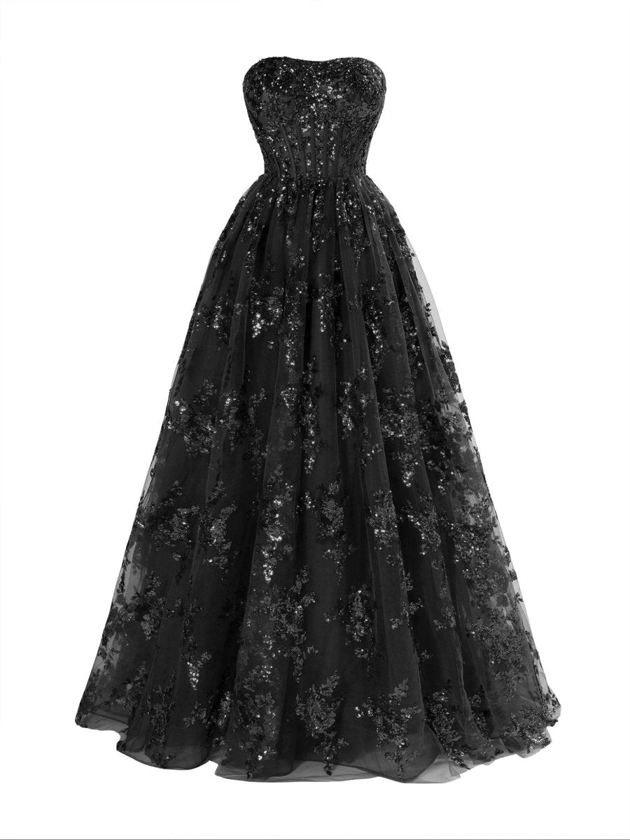Black - A Line Strapless Pleating Long Prom Dress With Applique, Black / 14 Black - A Line Strapless Pleating Long Prom Dress With Applique, Black / 14