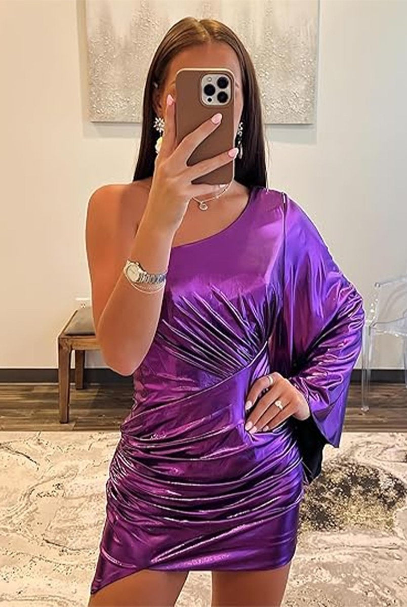 Blaire | Purple - One Shoulder Bodycon Metallic Pleated Homecoming Dress