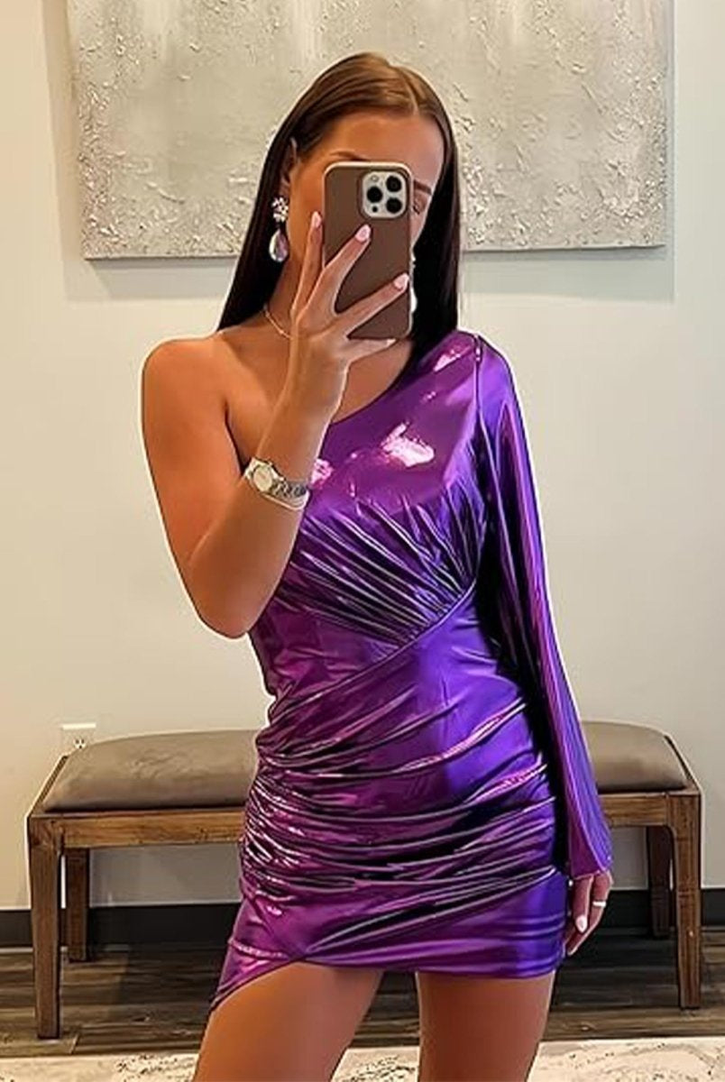 Blaire | Purple - One Shoulder Bodycon Metallic Pleated Homecoming Dress