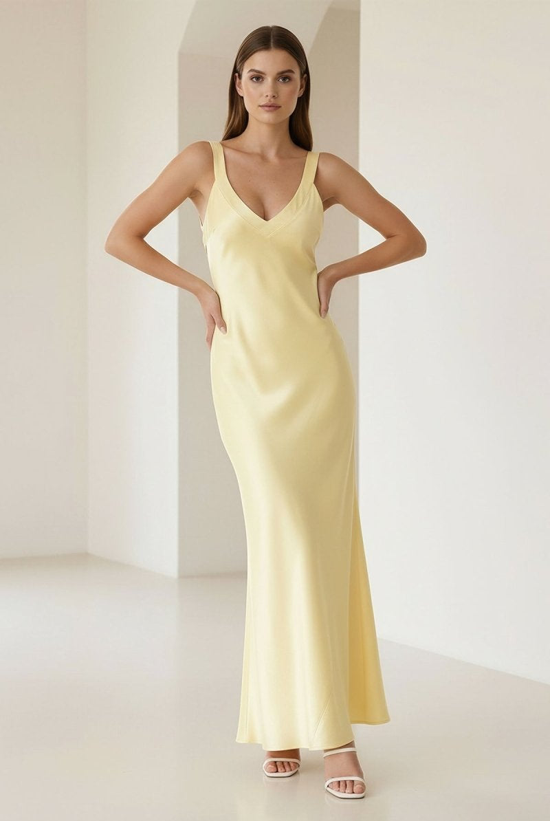 Bliss | Yellow Mermaid Satin V Neck Long Party Dress - KissProm