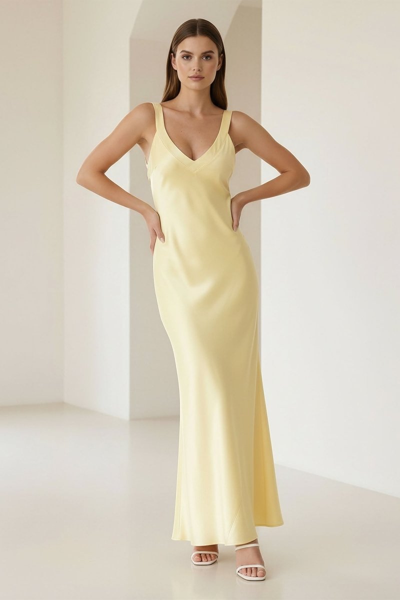 Bliss | Yellow Mermaid Satin V Neck Long Party Dress - KissProm
