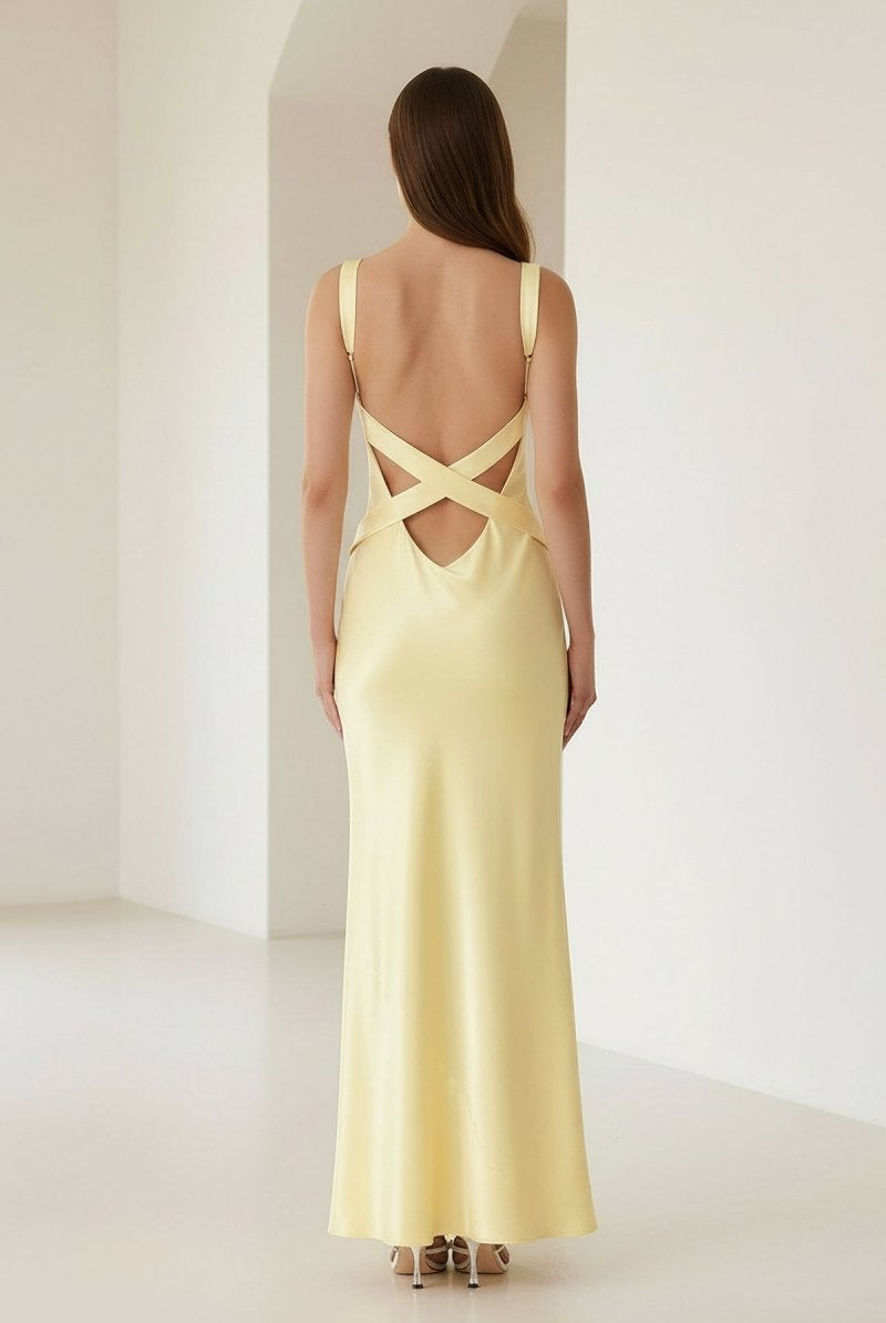Bliss | Yellow Mermaid Satin V Neck Long Party Dress - KissProm