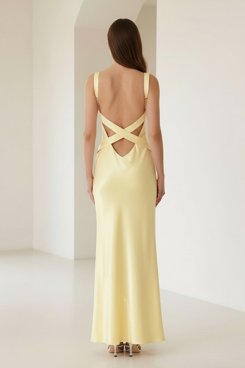 Bliss | Yellow Mermaid Satin V Neck Long Party Dress - KissProm