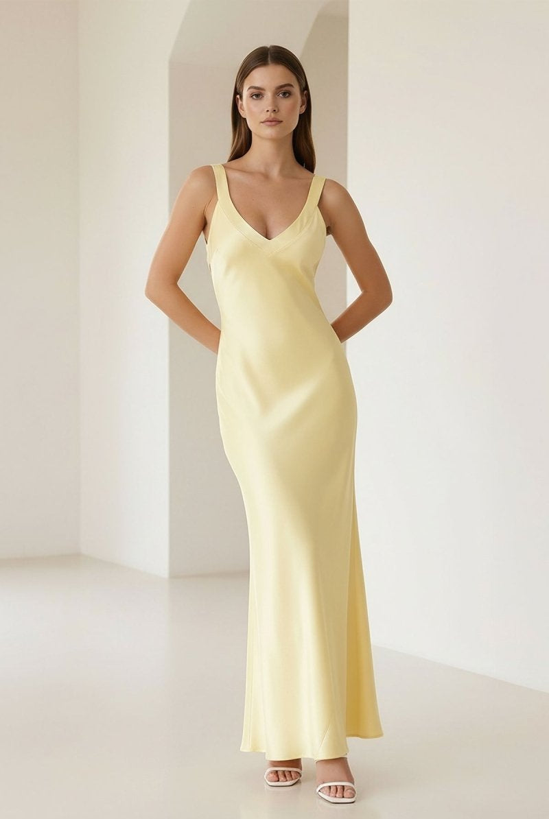 Bliss | Yellow Mermaid Satin V Neck Long Party Dress - KissProm