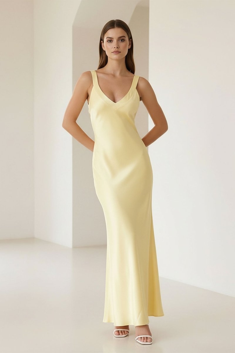 Bliss | Yellow Mermaid Satin V Neck Long Party Dress - KissProm