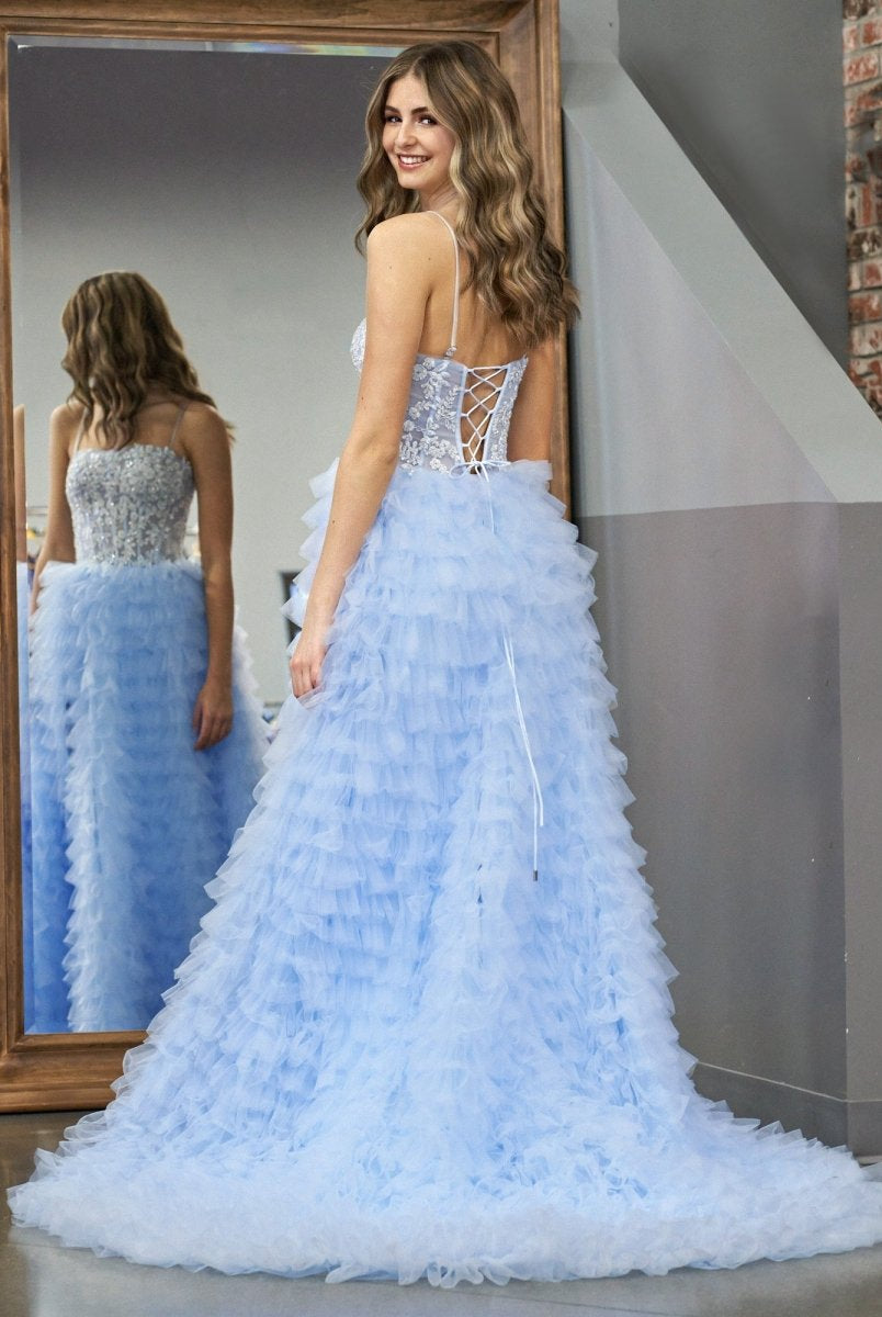 Jordan | Sky Blue A - Line Tiered Sequins Tulle Long Prom Dress - KissProm