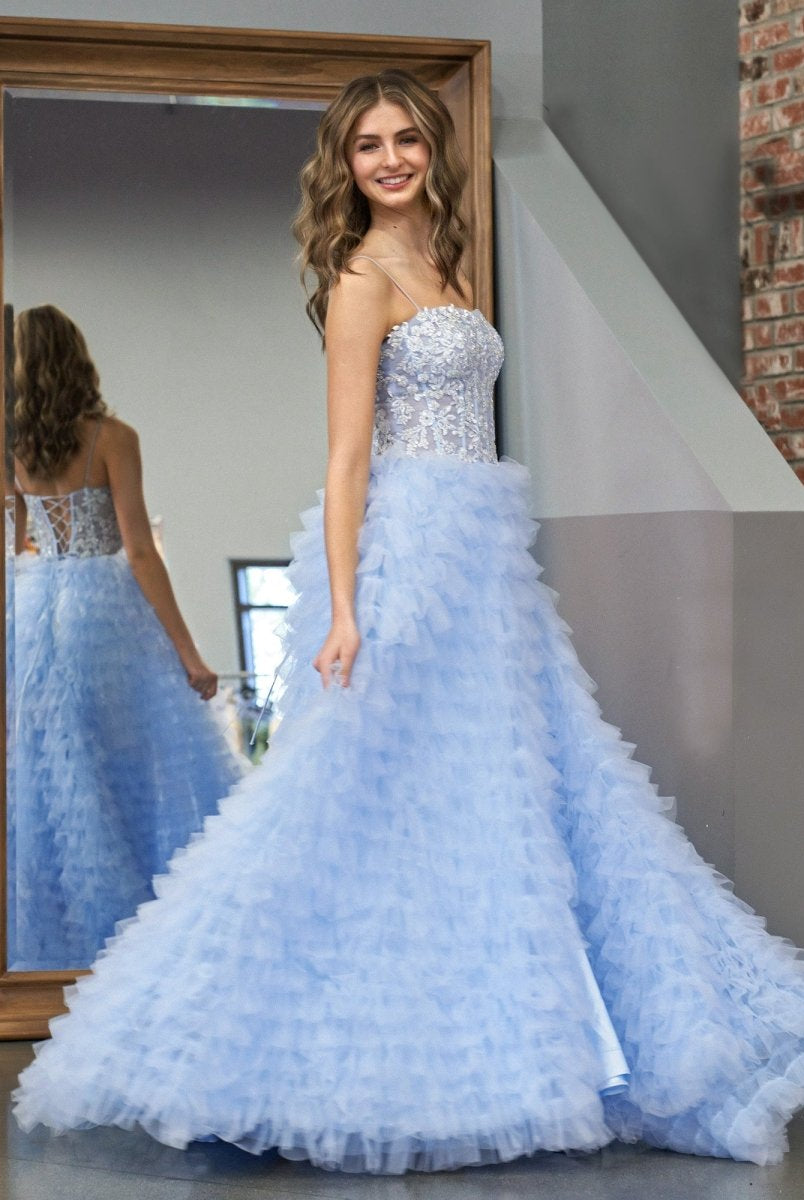 Jordan | Sky Blue A - Line Tiered Sequins Tulle Long Prom Dress - KissProm
