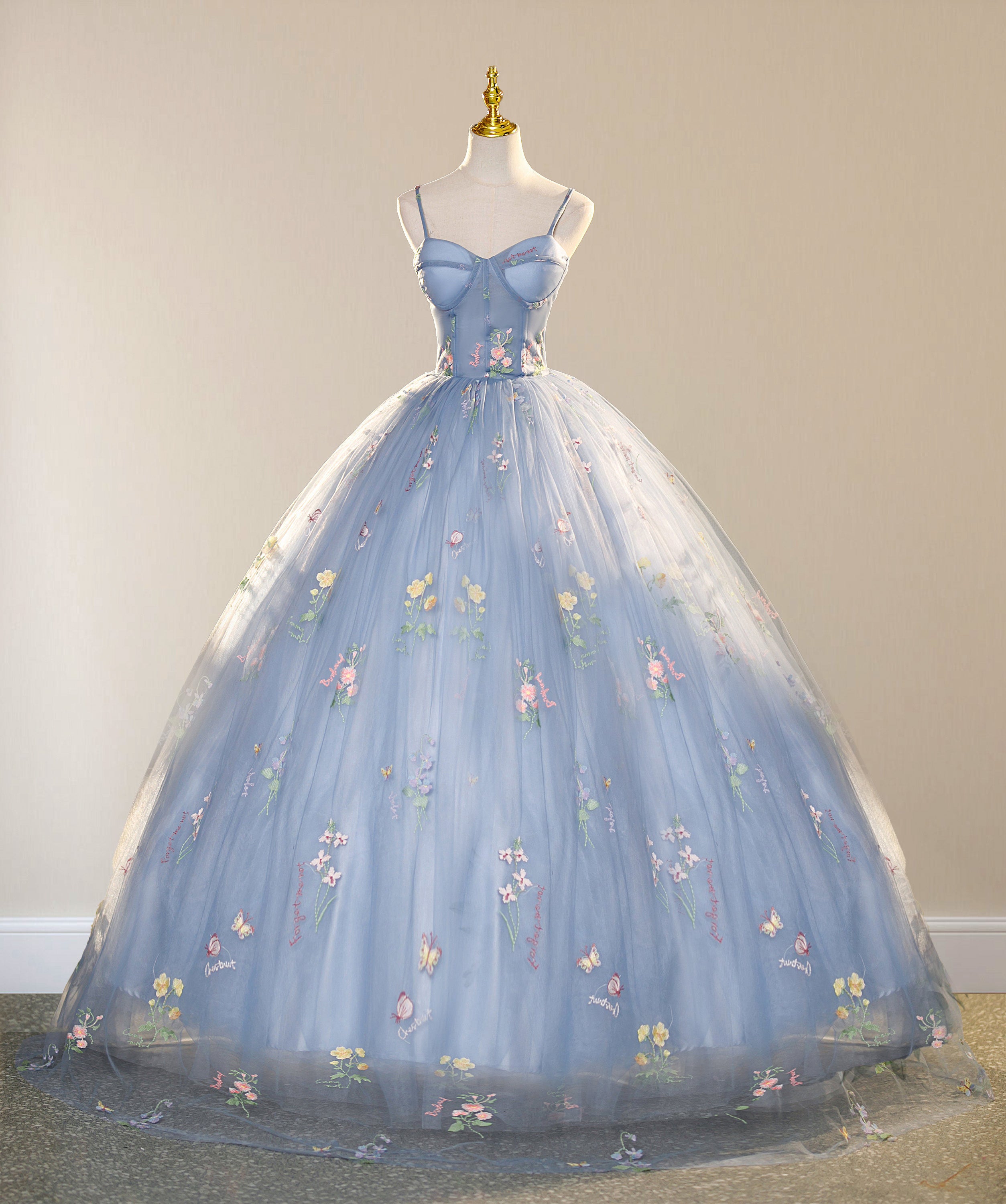 Blue Ball Gown with Scattered Little Flower Prom Dress