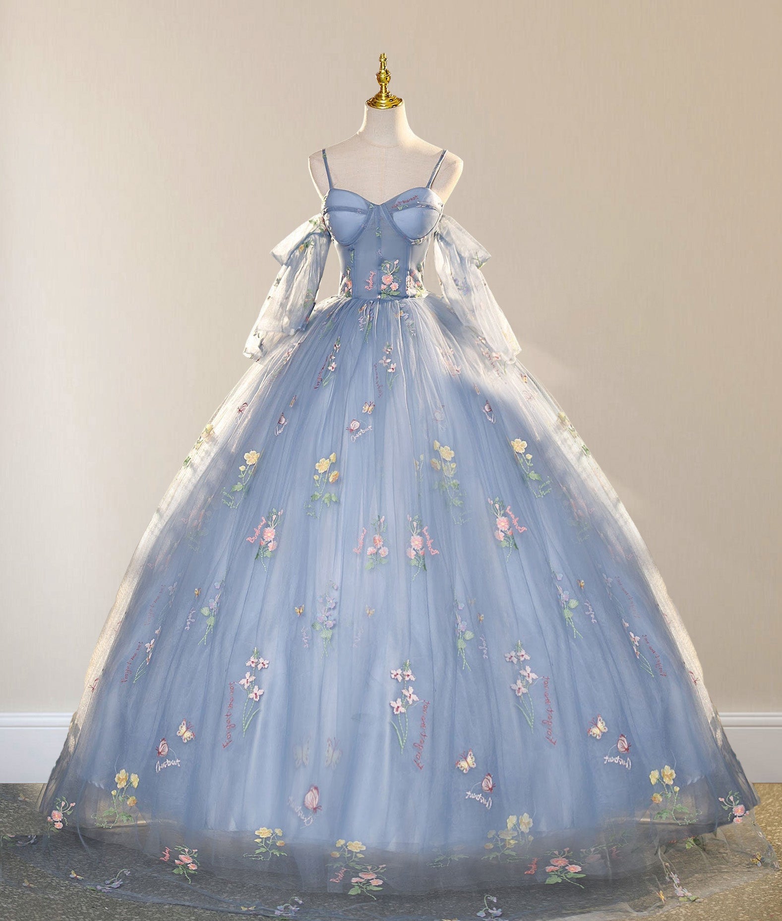 Blue Ball Gown with Scattered Little Flower Prom Dress