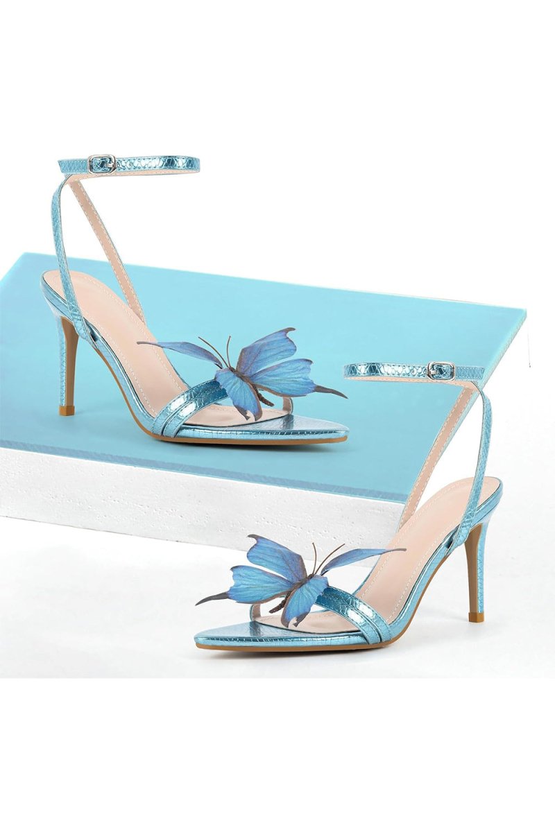 Blue Butterfly Ankle Buckle Open Toe Stiletto High Heels - KissProm