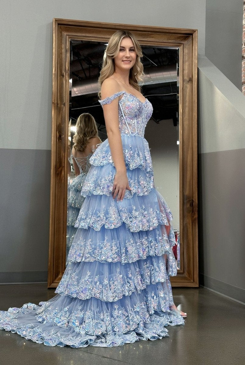 Capri | Blue Crystal Sequins Princess A Line Off the Shoulder Prom Dress with Lace Ruffles - KissProm