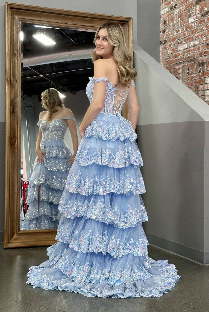 Capri | Blue Crystal Sequins Princess A Line Off the Shoulder Prom Dress with Lace Ruffles - KissProm