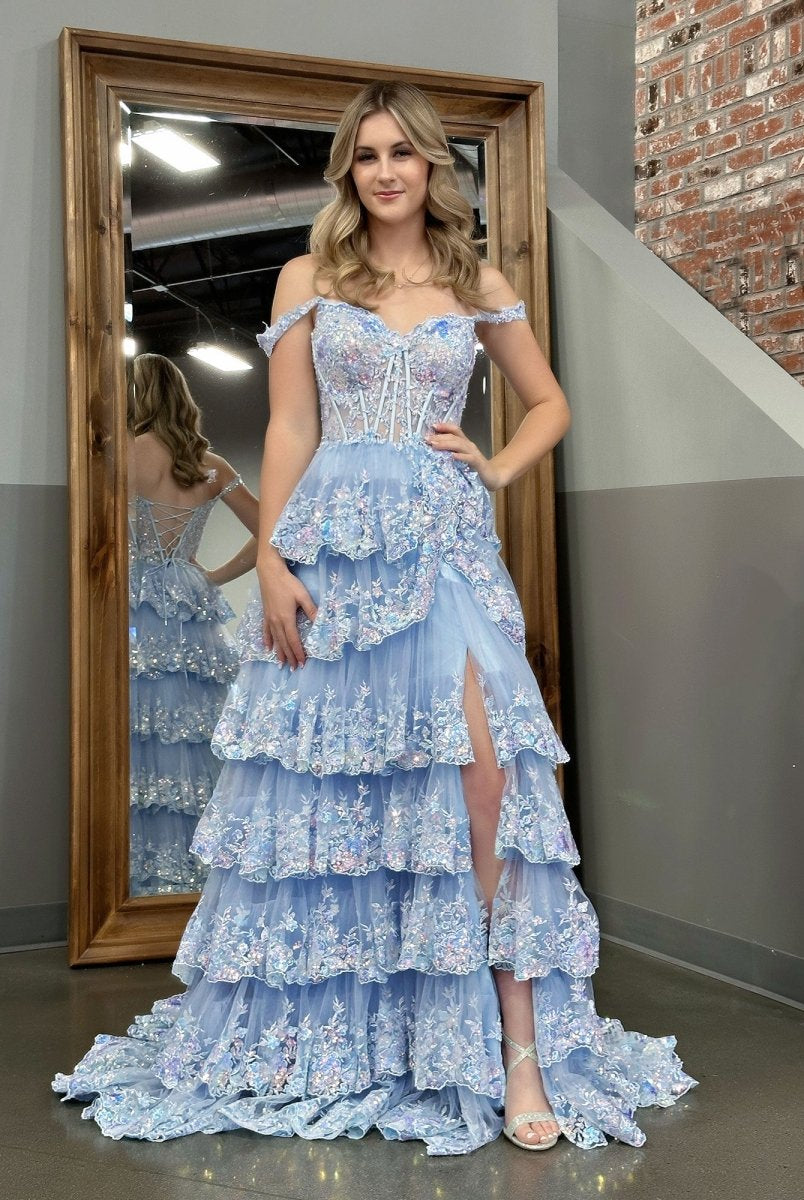 Capri | A-Line Lace Off-the-Shoulder Tiered Long Prom Dress with Slit