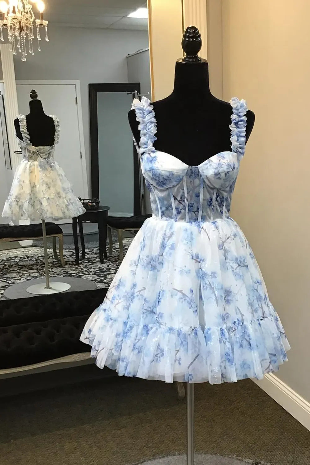 Blue Floral Printed Spaghetti Straps A-Line Short Corset Homecoming Dr