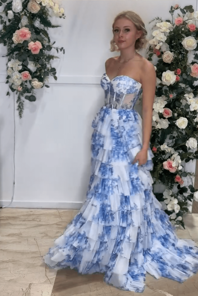 Tien | Blue Floral Printed Sweetheart Chiffon Tiered A-Line Long Corset Prom Dress
