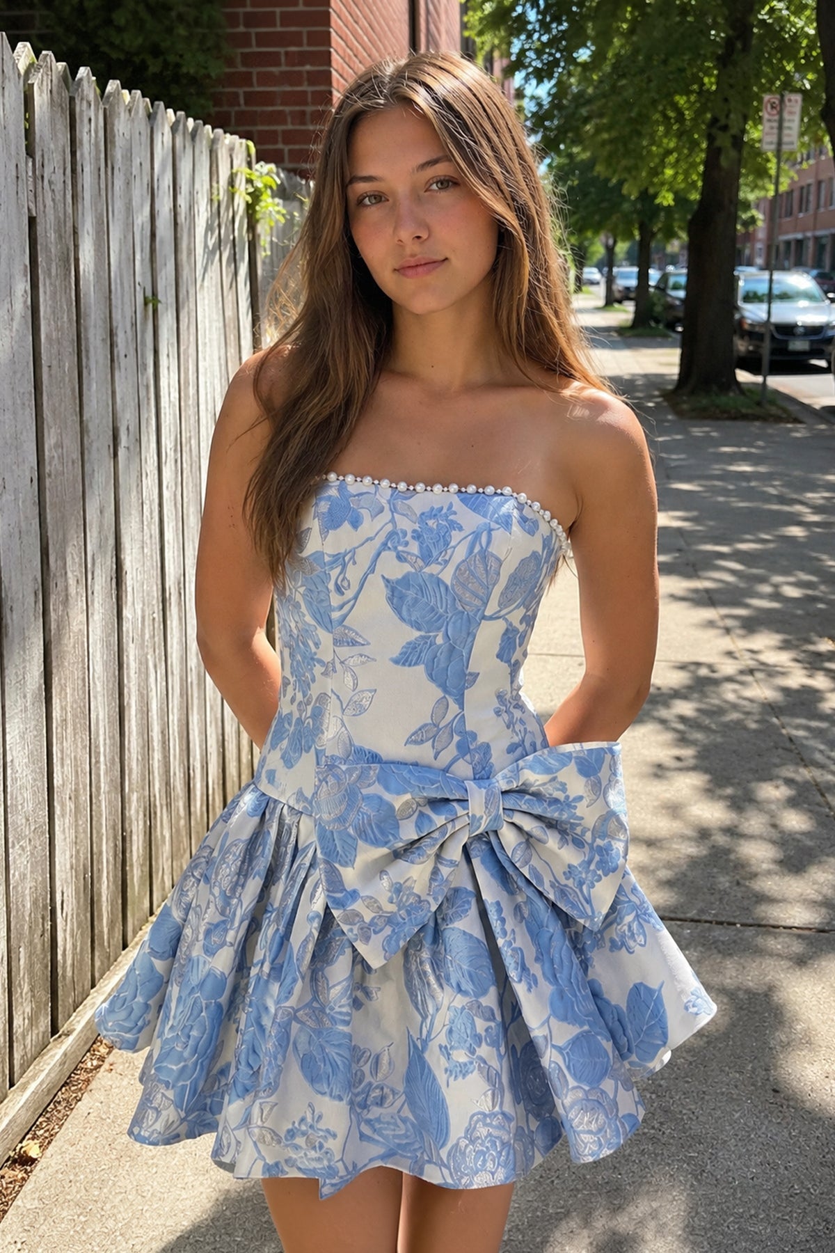 KissProm Blue Flower Jacquard Strapless A-Line Bowknot Homecoming Dress With Pearl, Blue / 14