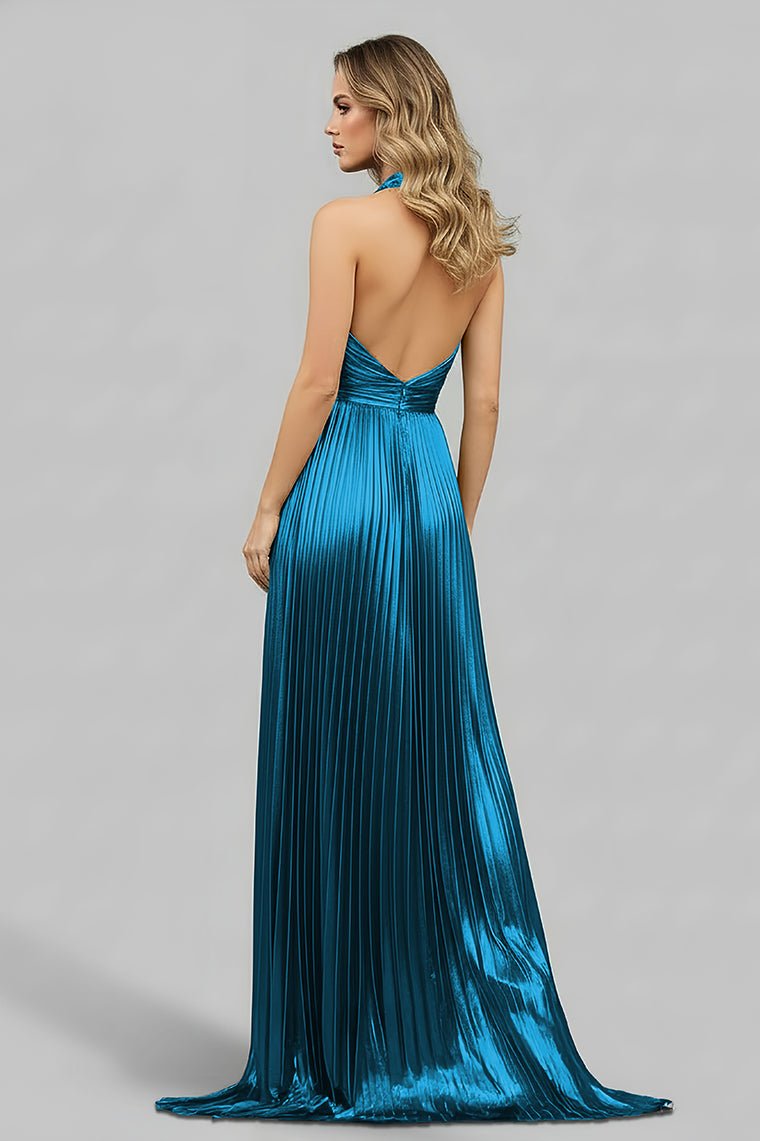 Blue Halter Neck A - Line Long Prom Dress With Split - KissProm