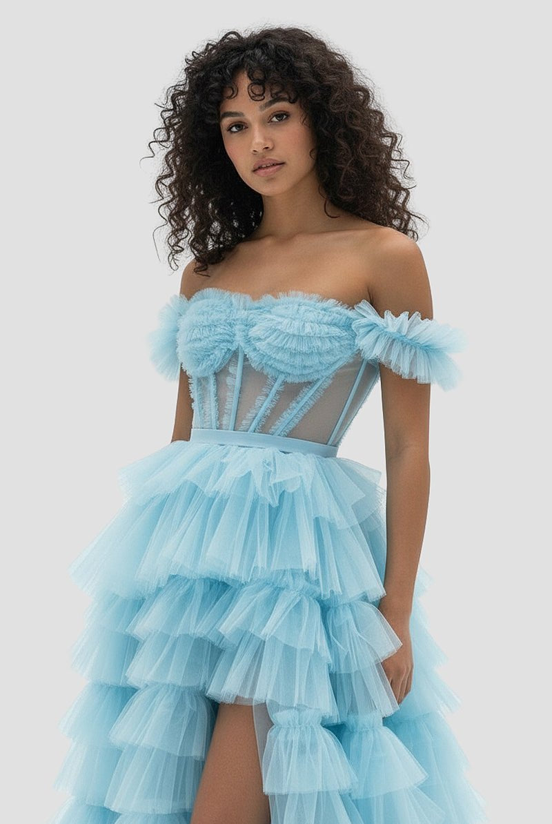 Adalynn | Royal Blue Off the Shoulder Ruffle Tiered Tulle Long Prom Dresses with Slit - KissProm