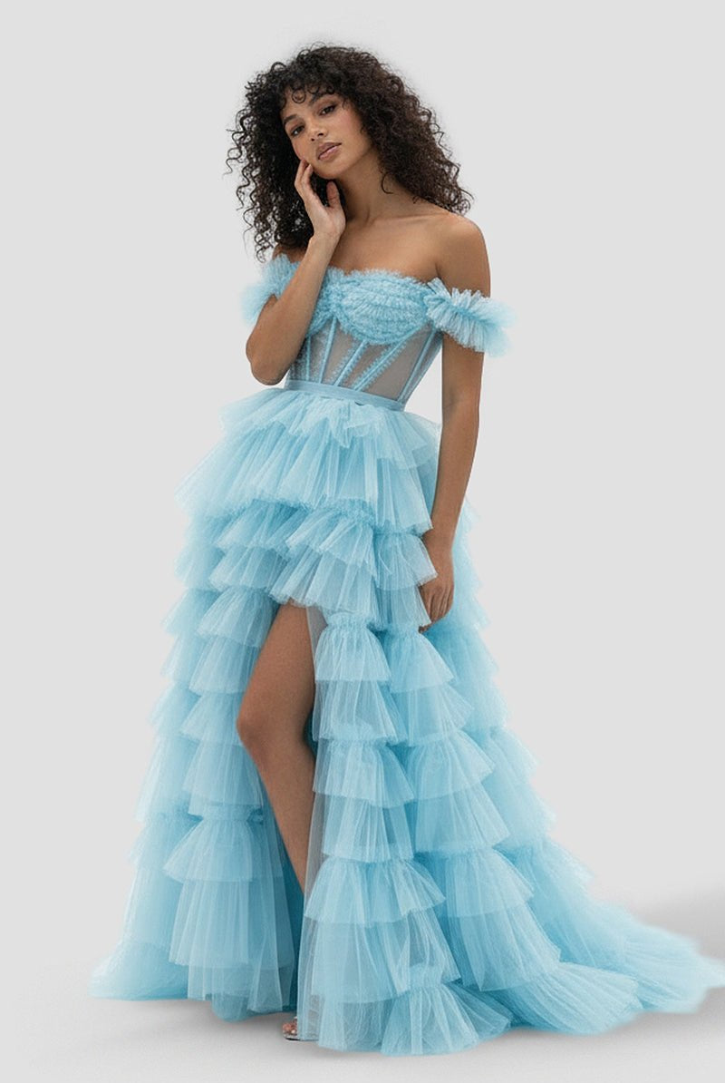 Adalynn | Royal Blue Off the Shoulder Ruffle Tiered Tulle Long Prom Dresses with Slit - KissProm