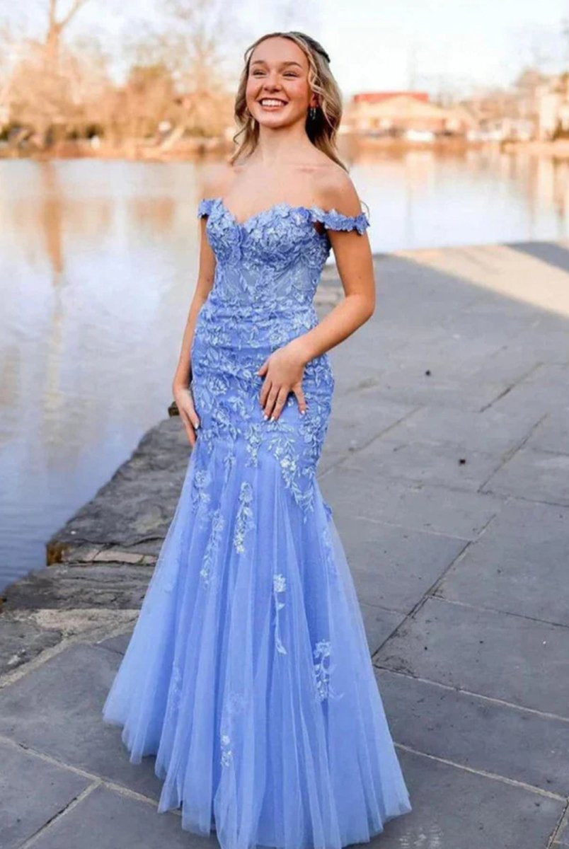Blue Off the Shoulder Tulle Mermaid Prom Dresses with Appliques - KissProm