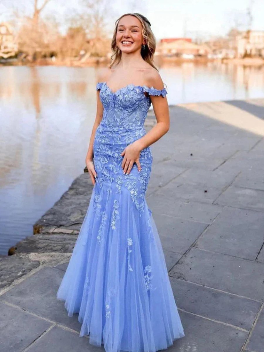 Blue Off the Shoulder Tulle Mermaid Prom Dresses with Appliques - KissProm