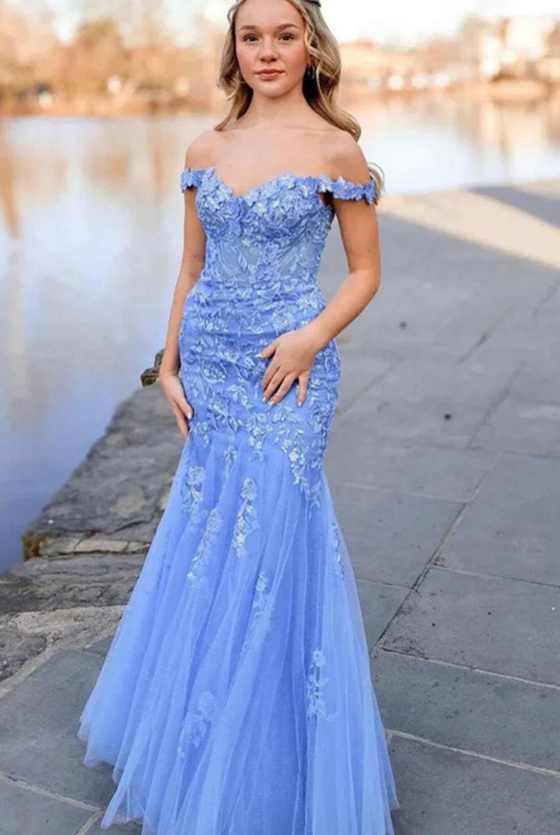 Blue Off the Shoulder Tulle Mermaid Prom Dresses with Appliques - KissProm