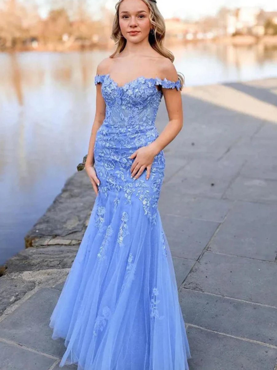 Blue Off the Shoulder Tulle Mermaid Prom Dresses with Appliques - KissProm