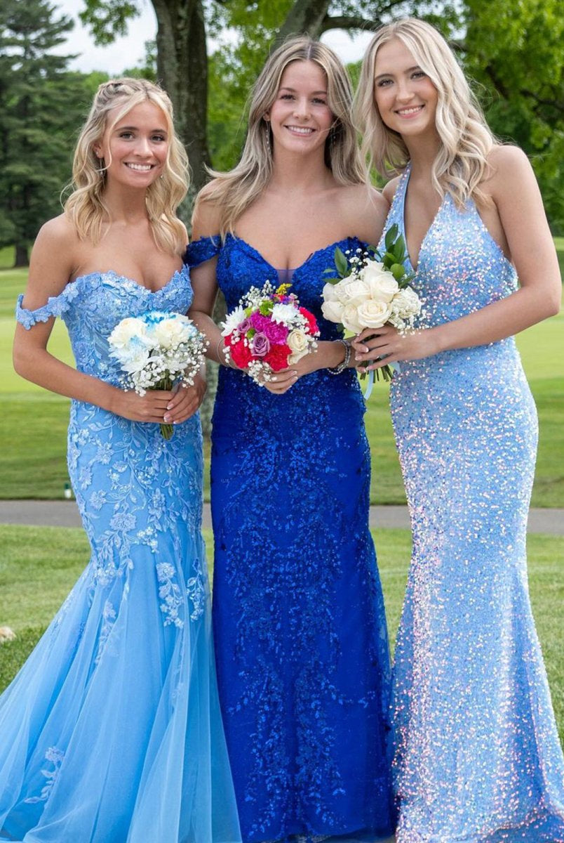 Blue Off the Shoulder Tulle Mermaid Prom Dresses with Appliques - KissProm