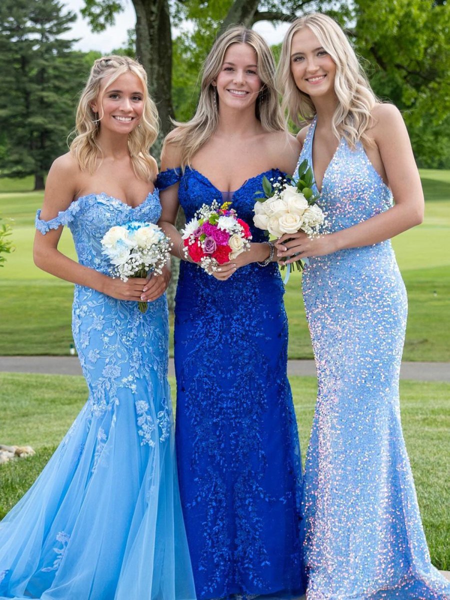 Blue Off the Shoulder Tulle Mermaid Prom Dresses with Appliques - KissProm