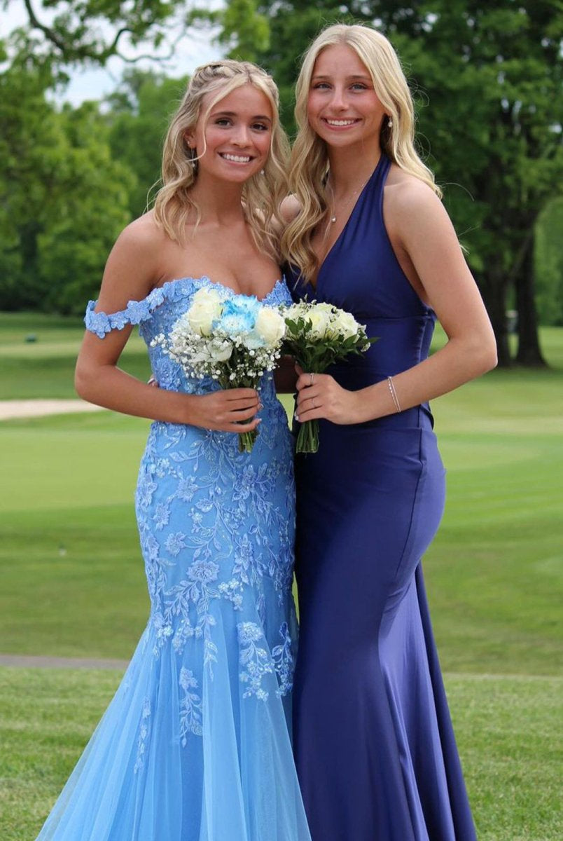 Blue Off the Shoulder Tulle Mermaid Prom Dresses with Appliques - KissProm