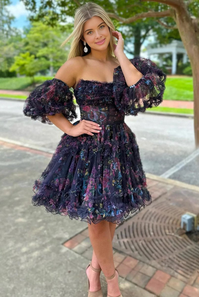 Hanni | Blue Puff Sleeves Ruffles A-line Prints Homecoming Dress